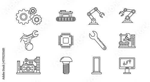 Industrial and mechanical line icons featuring robotics and automation tools
