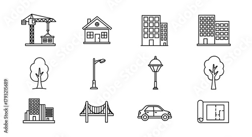 Linear urban design icons featuring buildings, infrastructure, and nature elements