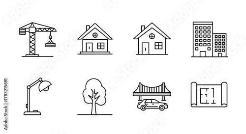 Construction and architecture linear icons: buildings, crane, bridge, and blueprint design