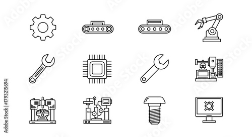 Simple linear icons of industrial and manufacturing tools and equipment