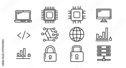 Tech icons set: computers, security, data analysis, global network