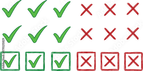 Hand-drawn green checkmarks and red crosses illustrating correct and incorrect choices, approval, rejection, and various evaluation results, perfect for feedback