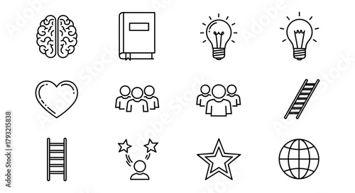 Minimalist linear icons of creativity, innovation, and learning concepts