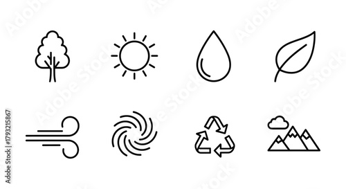 Minimalist environmental icons: nature, climate, sustainability, weather, landscape