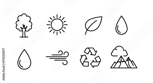 Minimalist nature icons: eco friendly line art symbols of sustainability and environment