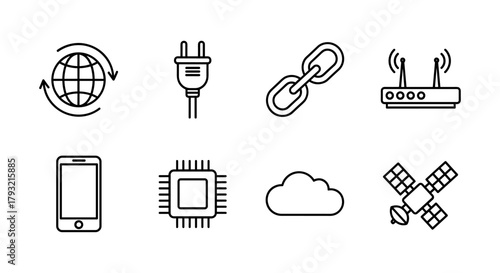 Linear technology icons: connectivity, communication, and networking essentials