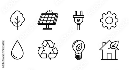 Minimalist eco-friendly icon set featuring renewable energy and sustainability symbols