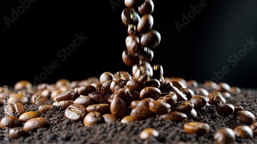 Dynamic Pour of Fresh Roasted Coffee Beans Falling onto Grounds Espresso Production Quality Product