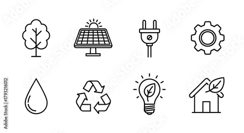 Eco-friendly icon set: clean energy, recycling, and sustainable living in linear style