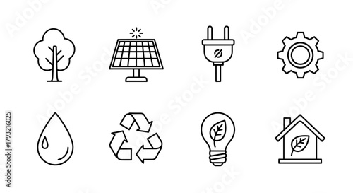 Minimalist icon set of sustainable energy and eco-friendly concepts