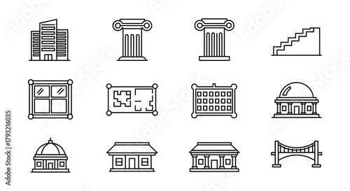 Architectural icons: linear style illustrations of columns, buildings, and structures