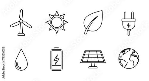 Minimalist icons of renewable energy and sustainability concepts