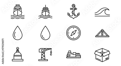 Nautical line icons: ships, anchors, waves, compass, and more