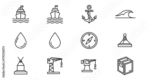 Nautical icon set featuring ships, anchor, waves, and compass in linear style