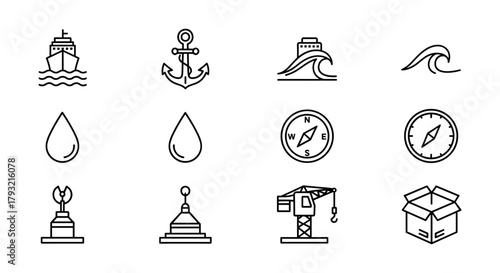 Minimal marine icons: nautical anchor, ship, compass, wave, crane, box in linear style