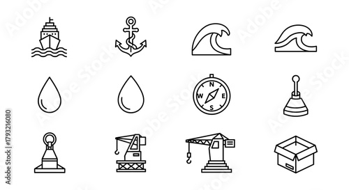 Maritime icon set: nautical elements in linear style for navigation and sea adventures