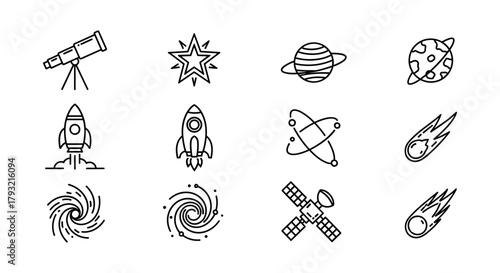 Space exploration icons: telescope, rocket, planet, galaxy, linear style