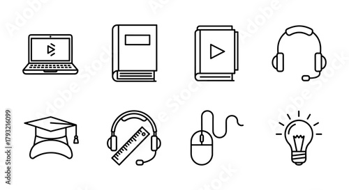 Online learning icons: minimalist set for e-learning and education tools