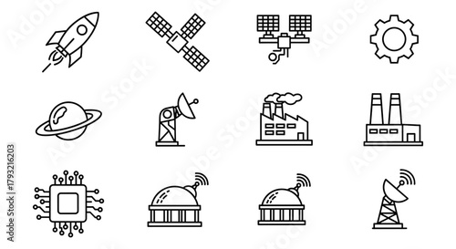 Technological elements outline: rockets, satellites, gears, and more