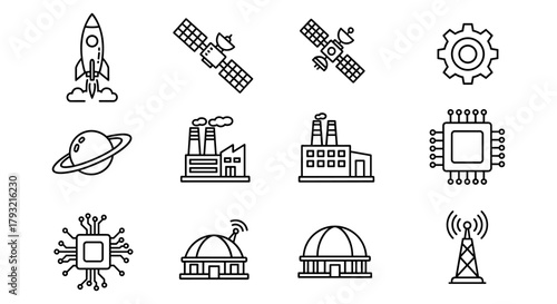 Linear icons of space exploration, technology, and industrial infrastructure