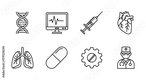 Medical icons set: dna, heart, lungs, and more in minimalist style