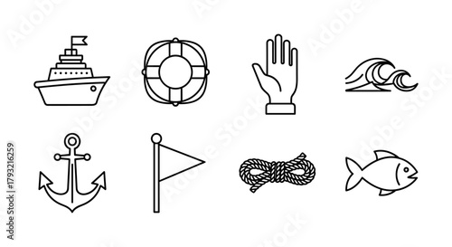 Minimalist nautical icons: ship, waves, anchor, and more