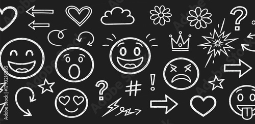 Playful hand-drawn chalk-style doodles and expressive emojis. Hearts, stars, arrows, and diverse emotional faces on dark for creative graphic design projects