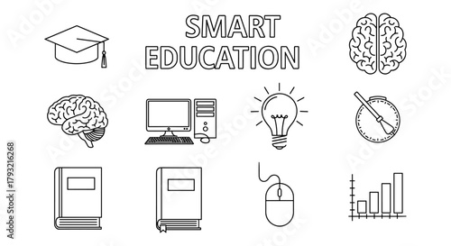 Smart education concepts with line art icons featuring technology, books, and innovation