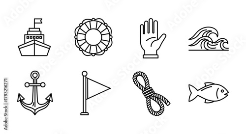 Maritime line art icons: ship, lifebuoy, anchor, rope, and more nautical symbols