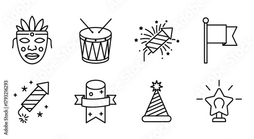 Minimalist carnival icons: mask, drum, fireworks, flag, ribbon, party hat, badge