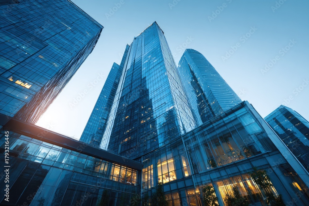 Naklejka premium Modern glass skyscrapers reaching skyward, reflecting light, with a clear blue sky above