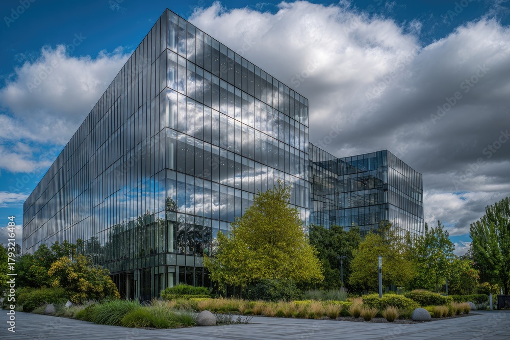 Fototapeta premium Modern glass office building reflecting clouds, surrounded by green landscaping