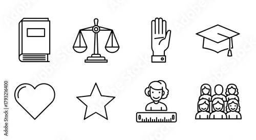 Education and law icons set: linear designs featuring book, scales, hand, graduation cap, heart, star, teacher, and group of people