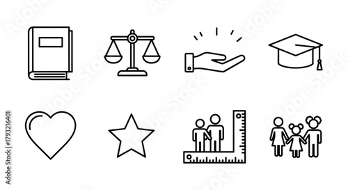 Linear education and family icons set featuring justice, knowledge, and care