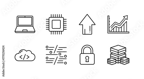Vector icons of technology and data: innovation symbols in a modern linear style