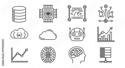 Technological icons set featuring ai, cloud, and data elements in linear style
