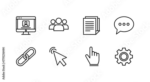 Minimalistic black and white line icons for digital communication and technology