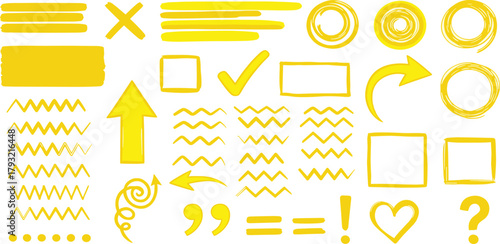 Hand-drawn yellow marker illustration set featuring various abstract shapes, lines, and annotation symbols for creative design projects