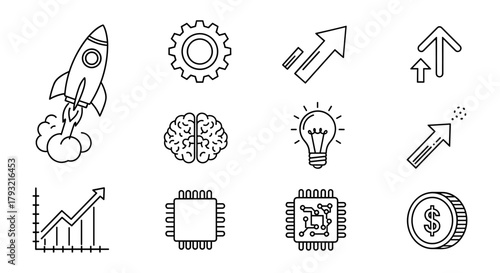 Line art icons featuring rockets, gears, brain, and more technology symbols