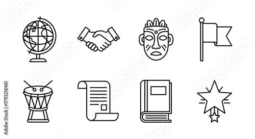 Set of education and culture line icons: globe, handshake, mask, and more