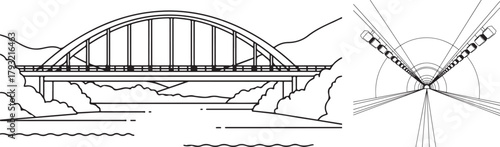 Minimalist Black Line Illustration of Arched Bridge and Tunnel Perspective
