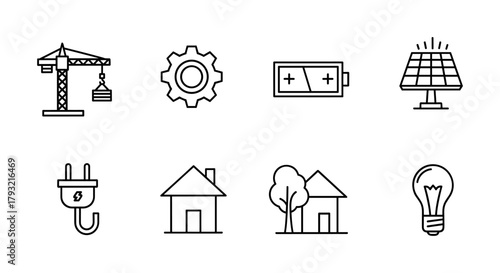 Linear energy icons: construction, solar, battery, electric, home, nature, light