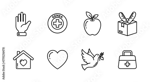 Charity and health icons: simple line art for community and wellness