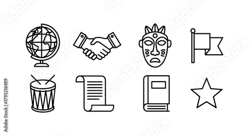 Linear icon set featuring global, cultural, and educational symbols in black and white