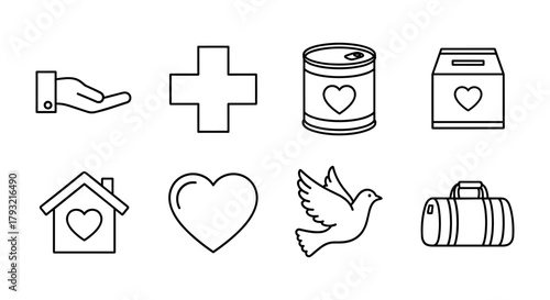Minimalist charity icons: heart, hand, cross, and dove symbols