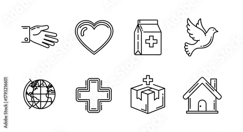 Minimalist line art symbols for healthcare and global charity