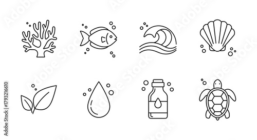 Minimalist ocean and nature icons set featuring marine life and natural elements