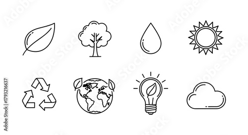 Minimalist eco icons: nature, sustainability, energy, and recycling symbols