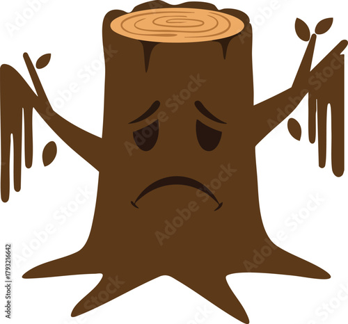 Sad tree stump with drooping branches and small leaves vector illustration in brown tones expressing nature loss and melancholy 