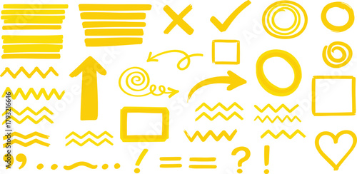 Hand-drawn yellow highlighter marker strokes and symbols. A vector collection of arrows, underlines, and shapes for emphasis